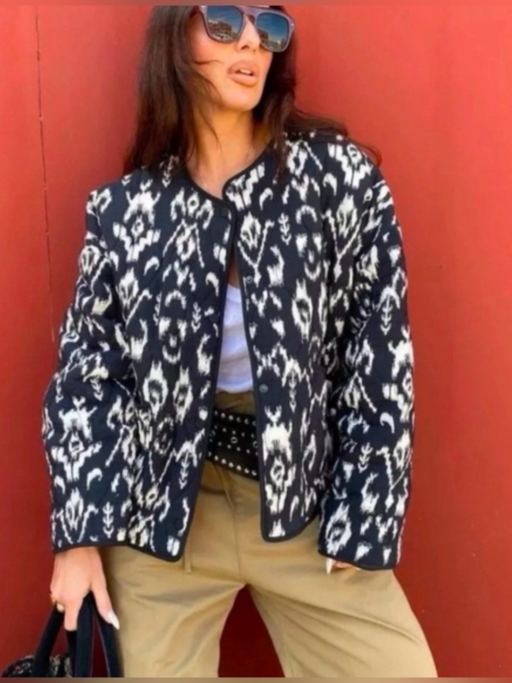 Zara Printed Quilted Jacket Cream Black Small NWOT